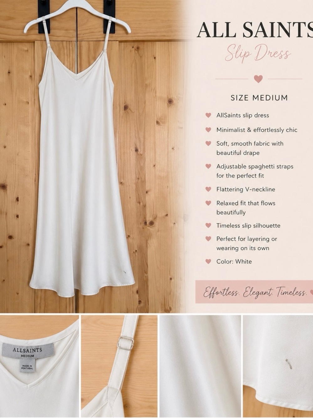 All Saints White Slip Dress with Adjustable Spaghetti Straps